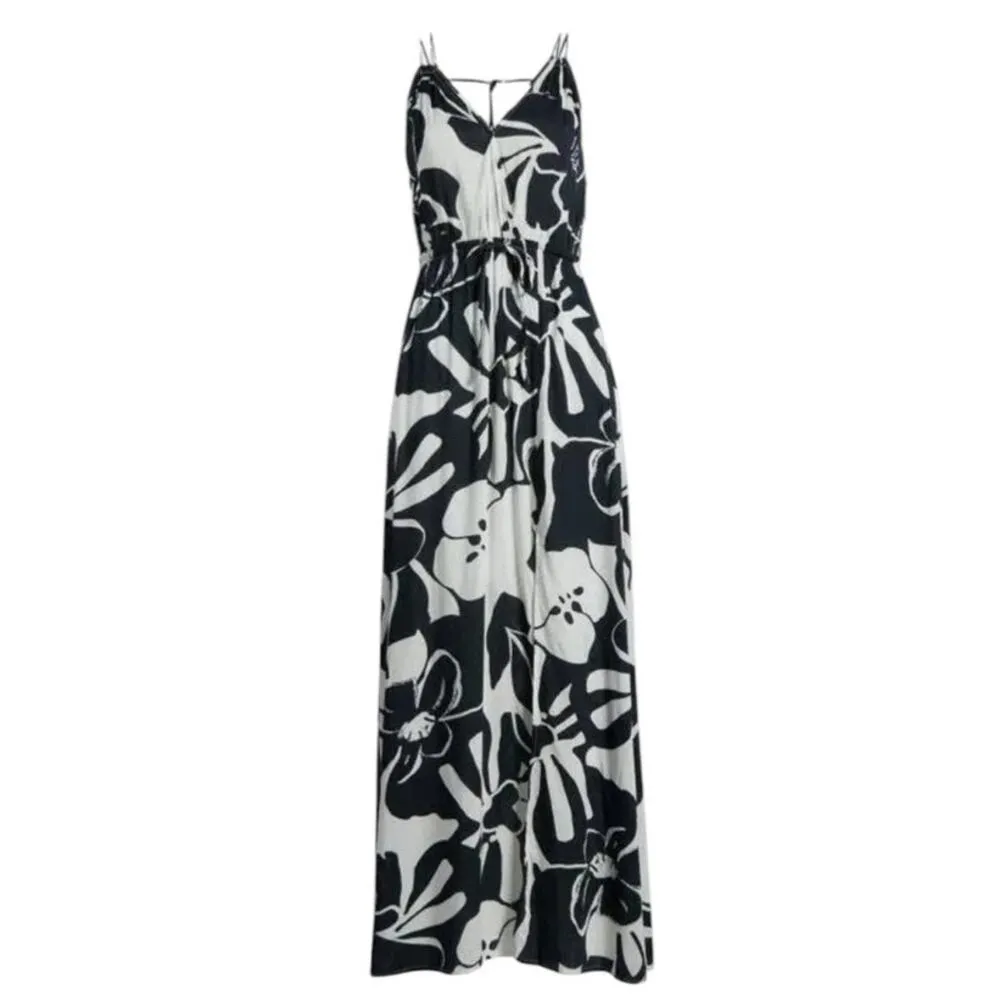 Elan Small Maren Maxi Dress Black White Front Slit Cruise Wear V Neck Boho Flowy - Image 2
