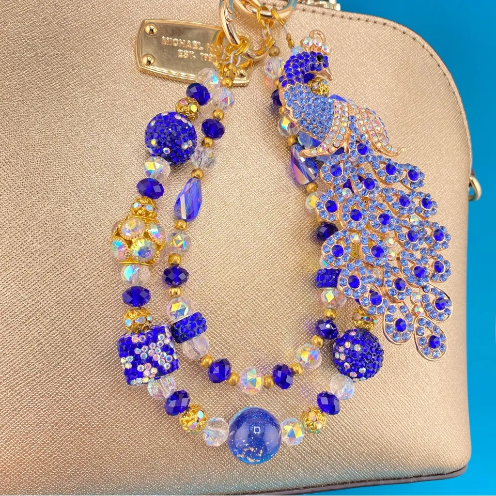 🦚Luxury Bag/Phone Chain Charm/Keychain Blue Rhinestone PEACOCK Crystal Beads - Image 3