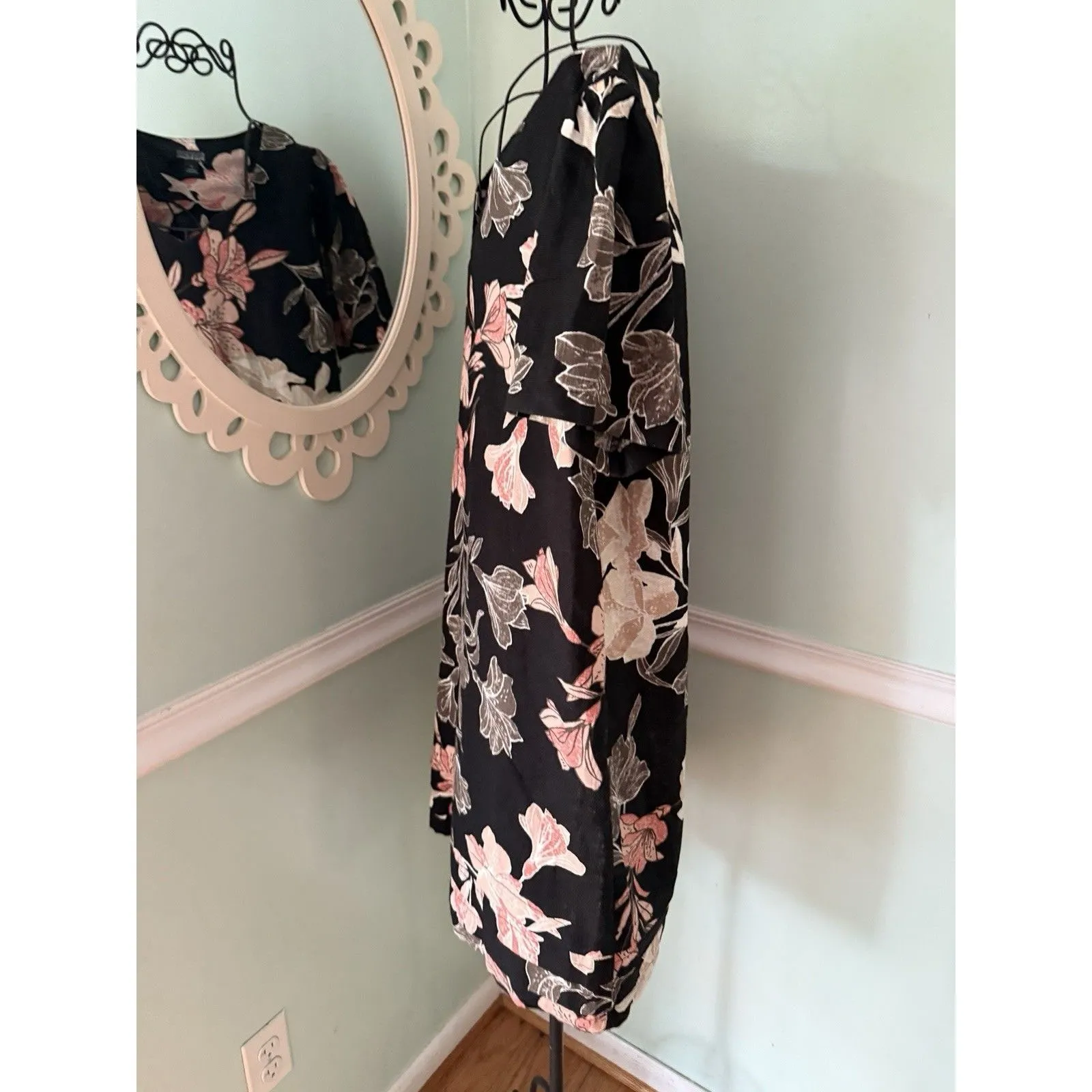 Nicole Miller Sz L Linen‎ Floral MuMu Dress S/S Lagenlook Loose Vtg Artsy - Image 4