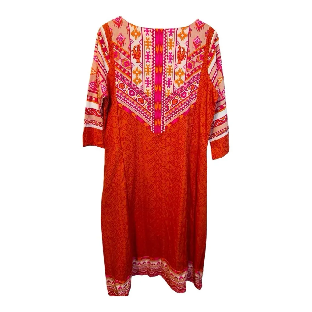 IslaPayal Ikat Pink Taormina Dress Kaftan Small Coral 3/4 Sleeve 100% Cotton - Image 5