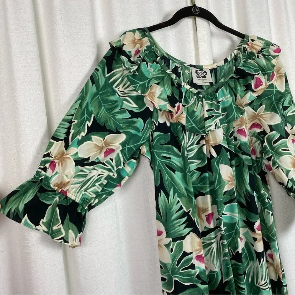 Hilo Hattie Vintage Green Tropical Print Ruffle Maxi Dress Sz.M Size M - Image 5