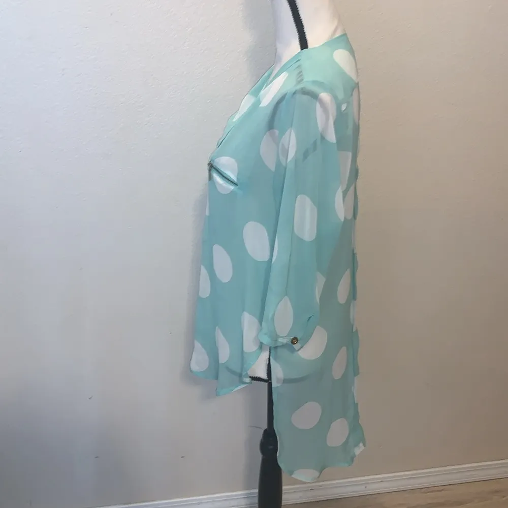 Cals light blue with white polka dots sheer high low 1/2 button down blouse - Image 3