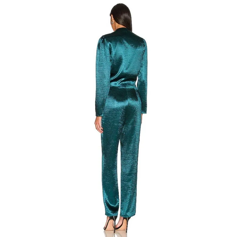 Lovers + Friends Kendall Green Satin Jumpsuit Medium Tie Front Long Sleeve - Image 14
