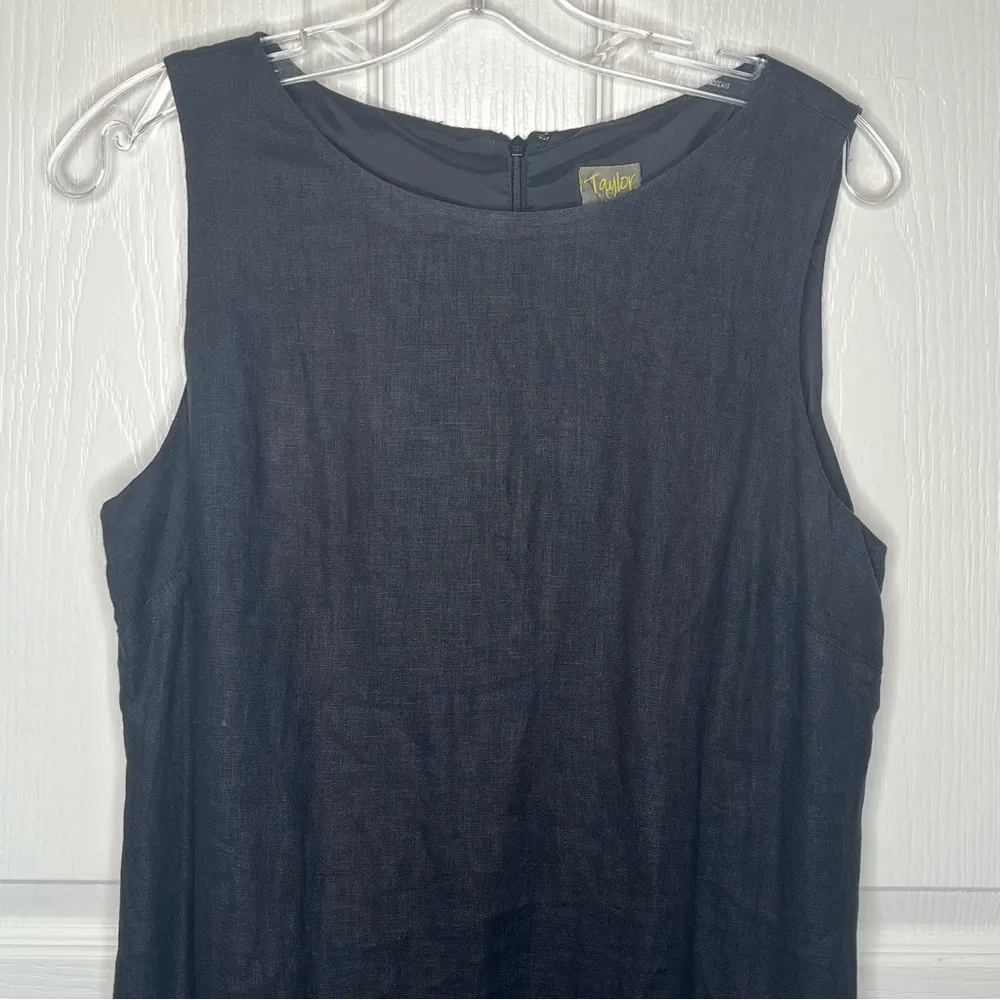Taylor Sz 10 Black Linen Sleeveless Dress Textured BottomTrim - Image 2