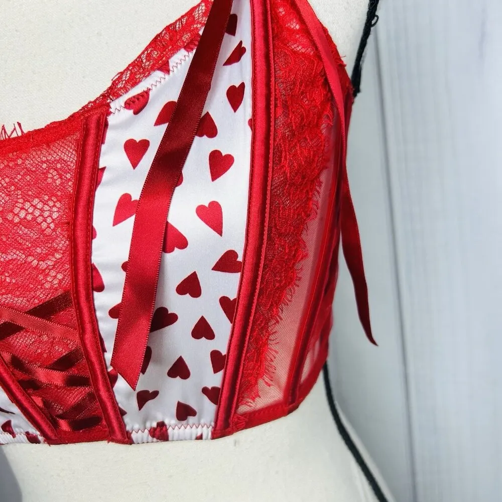 Victoria's Secret Red White Heart Lace Bustier Corset Longline Bra Size M - Image 5