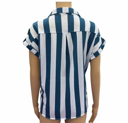Eden & Olivia Short Sleeve Blue White Striped Button Up Tie front Pocket Shirt M - Image 1