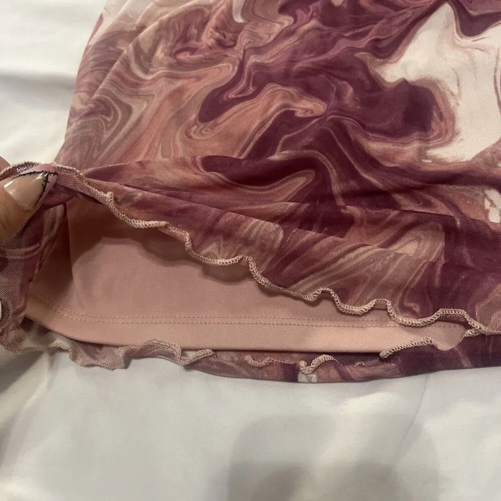 UO Pink Multi Watercolor Print UO Mesh Mini Skirt XS - Image 7