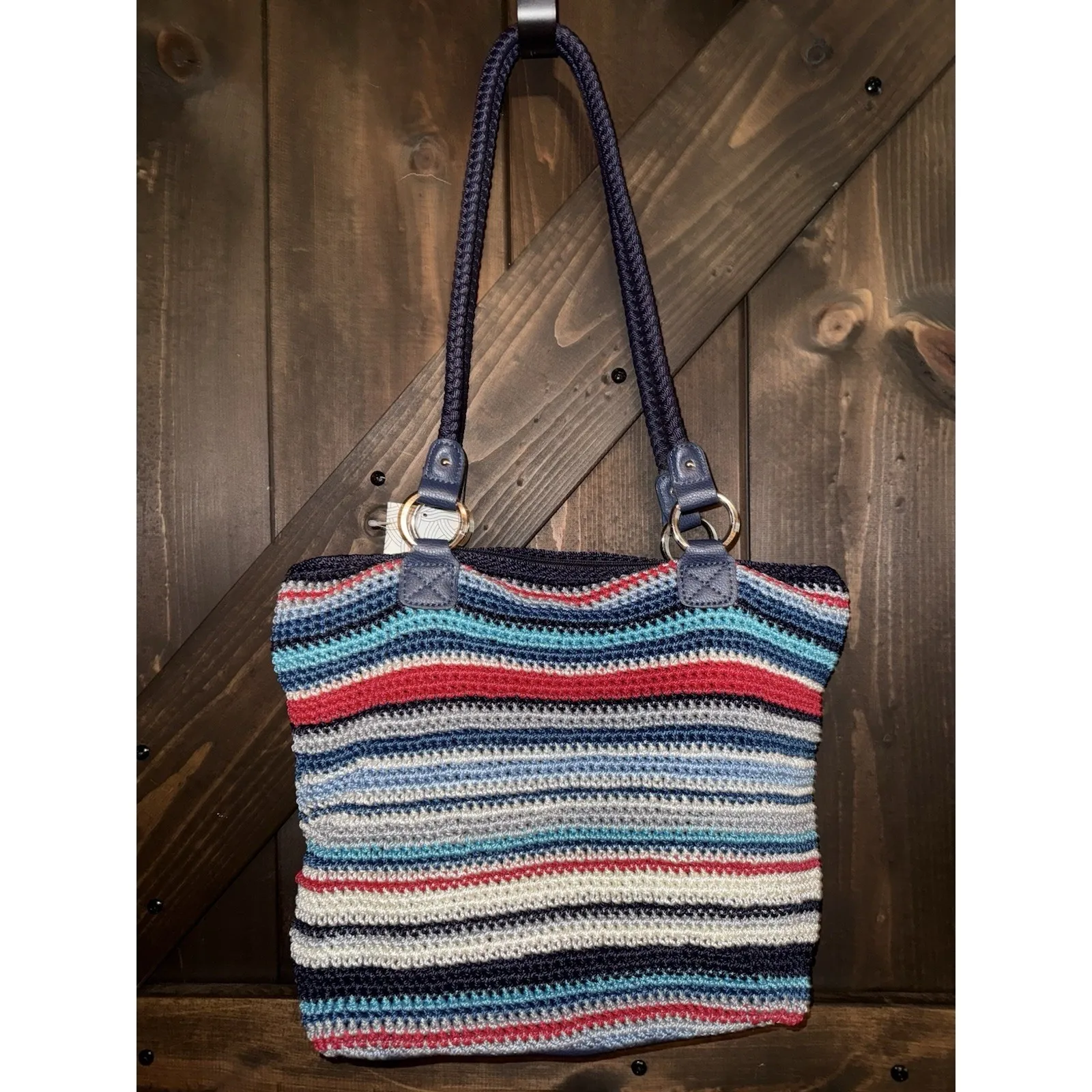 The Sak NEW NWT Lauren Crochet Hobo‎ Bag Marina Stripe Blue Red Shoulder Purse - Image 4