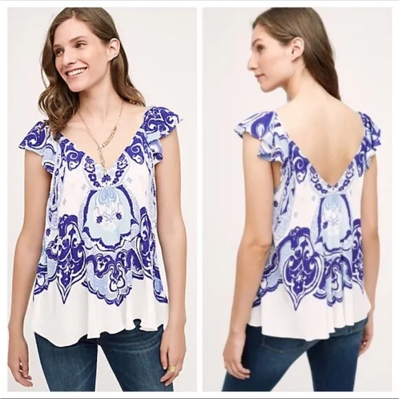 ANTHRO MAEVE CLANA BLUE WHITE RUFFLE SLEEVE BOHO VNECK TOP 0 - Image 2