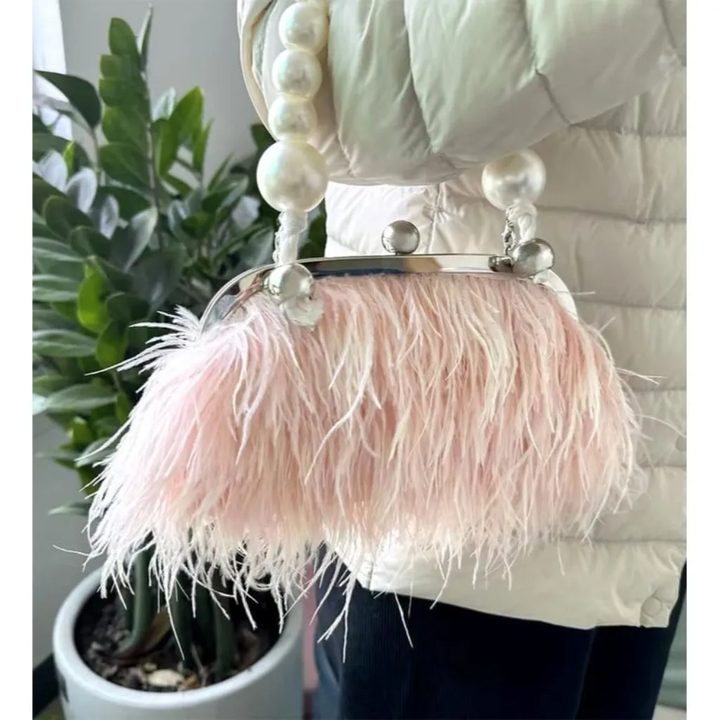 ⚡Women's Fluffy Ostrich Feather Pearl Banquet Evening Light Pink Clutch Bag - Image 2
