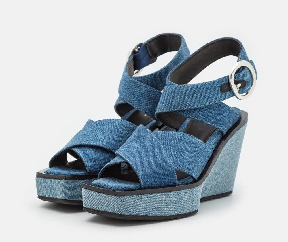 Rag & Bone Santiago Ankle Strap Platform Wedge Sandals Denim, Size 8.5/38.5 NWT - Image 3
