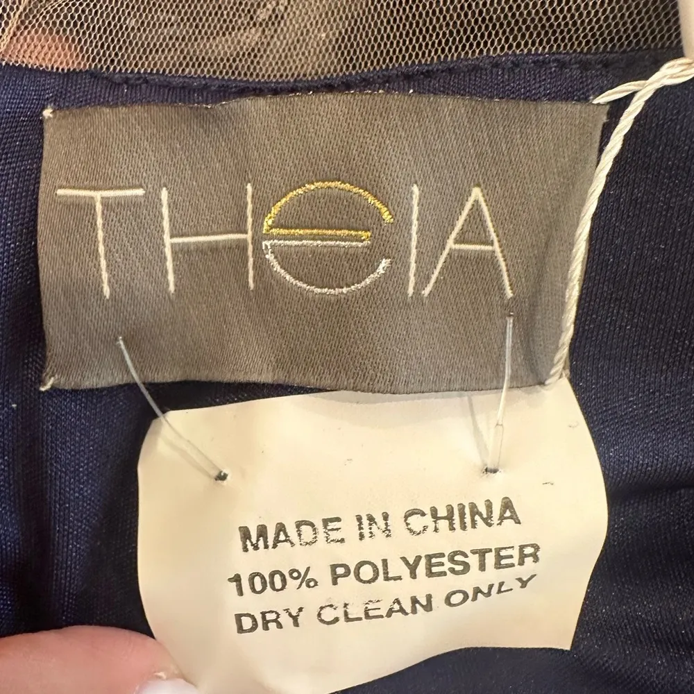 Theia Gretchen Appliqué Sequin Cocktail Dress Navy NWT Size 4 Floral Midi Dress Blue - Image 11