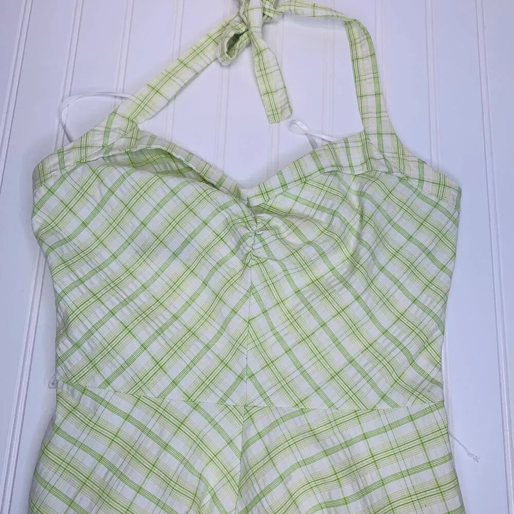VintageY2k Lime Green Plaid Halter Dress Sz Small - Image 12
