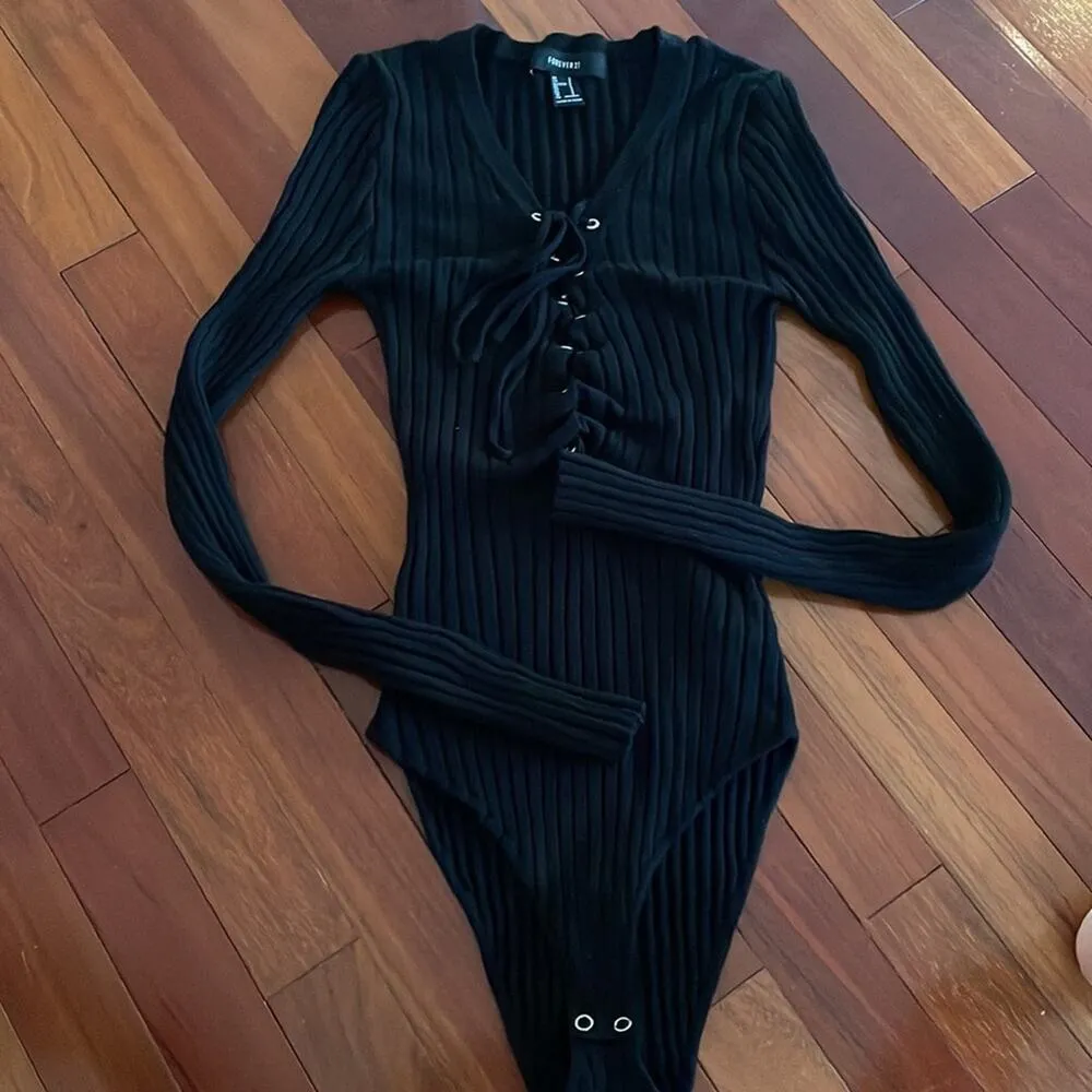 Forever XXI Lace Up Black Ribbed Bodysuit Small Witchy Goth Sexy Indie Sleaze - Image 3