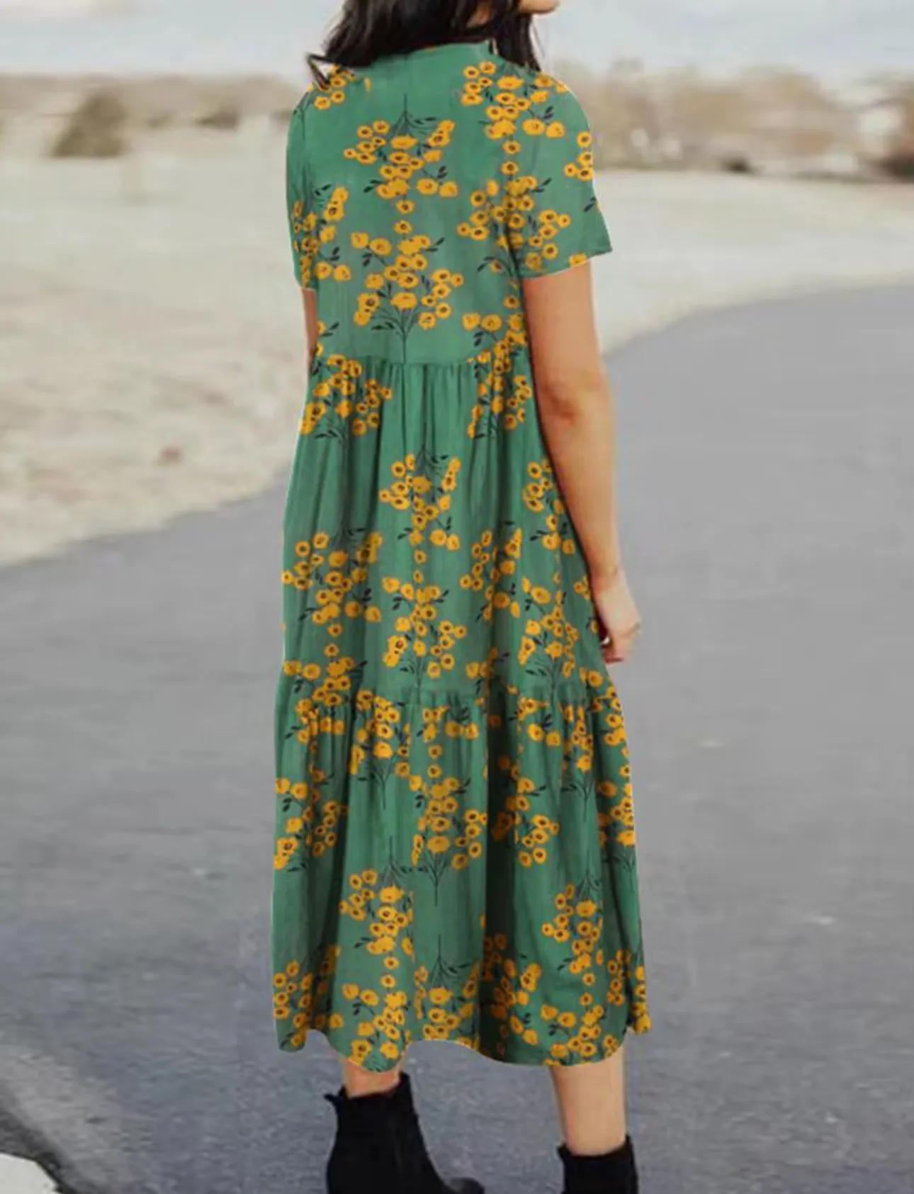 Green and Yellow Floral Midi Dress Size M - Image 2