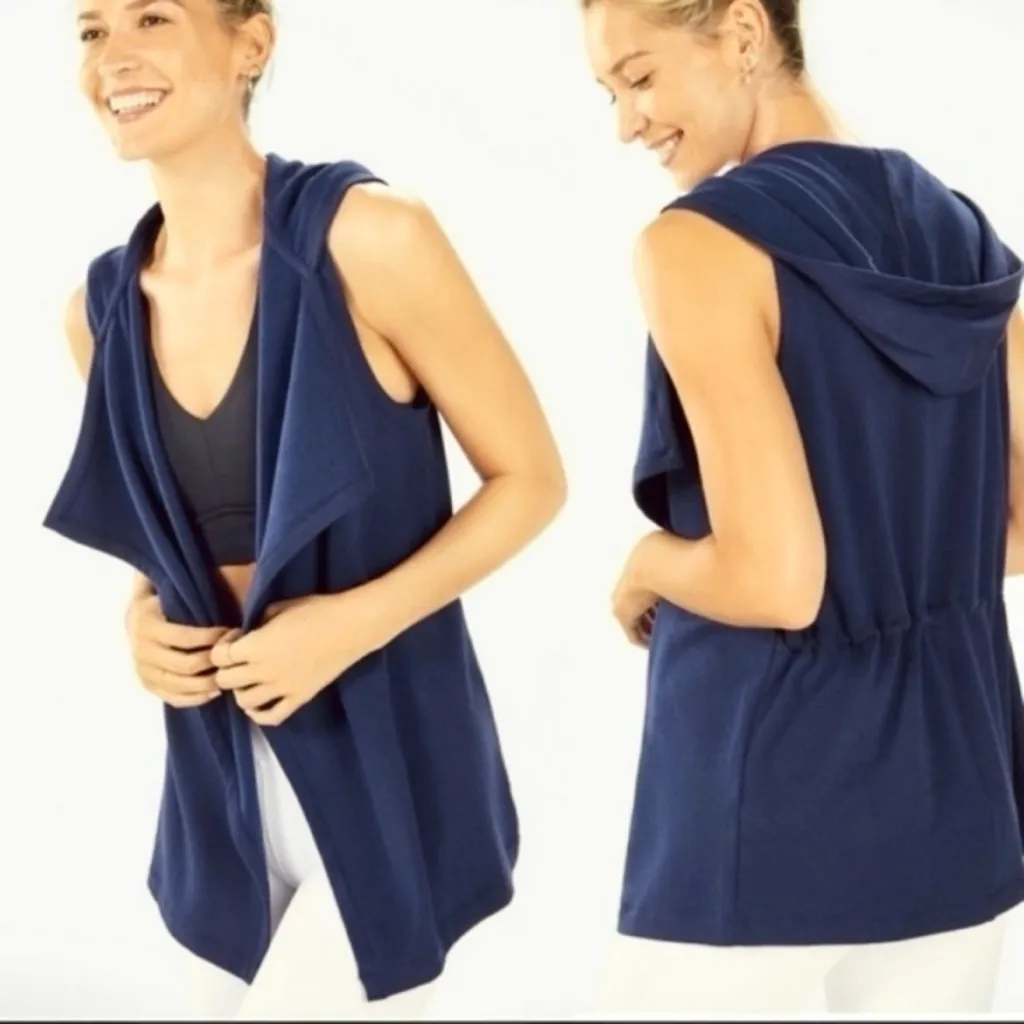 Fabletics Hannah Vest Fleece Hoodie Blue Knit XXS Drawstring Open Front Casual - Image 2