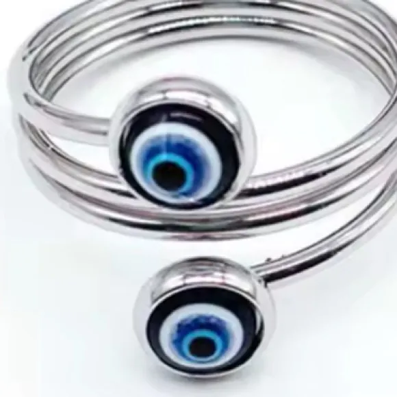 Evil Eye Blue Stainless Steel Open Silver Tone Boho Ring - Image 4