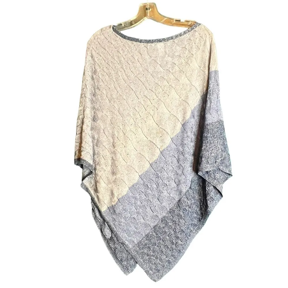 White House Black Market Metallic Blue Silver Knit Poncho Sweater Boho Chic M - Image 5