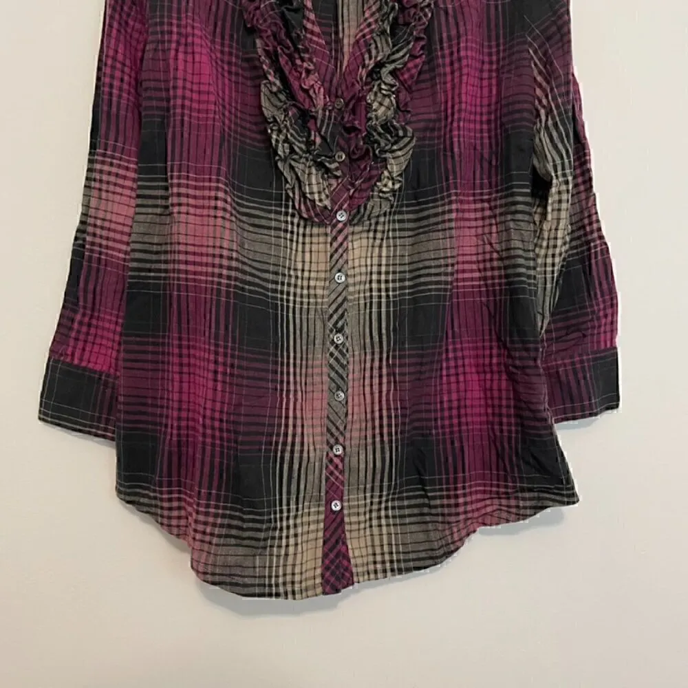 JOIE Fara Plaid Tuxedo Shirt Pink Black Taupe 3/4 Sleeve ish Flannel Button Down - Image 5
