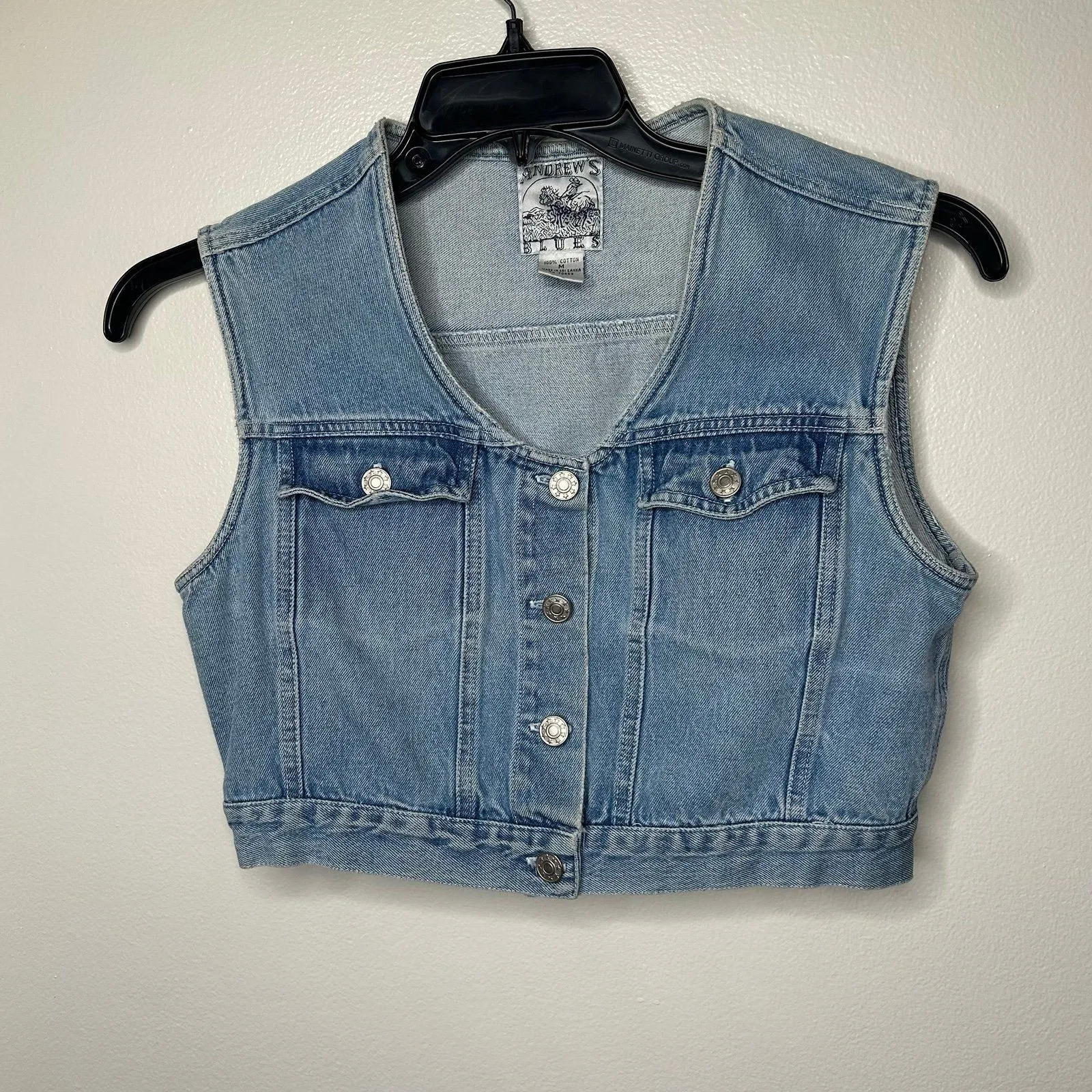 Vintage 90s 1990s Andrew’s Blues light wash 100% cotton denim vest Size M - Image 7