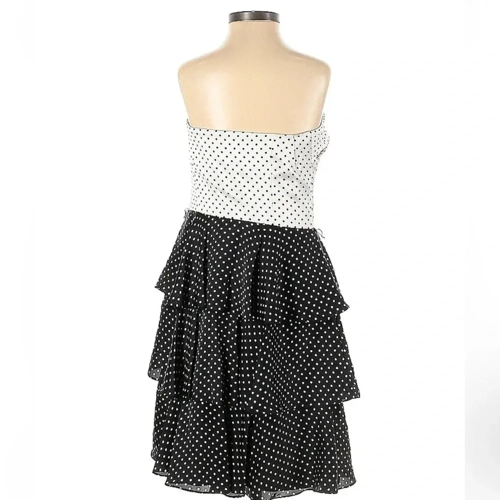 White House Black Market | Black White Polka Dot Strapless Ruffle Dress Size 4 - Image 3