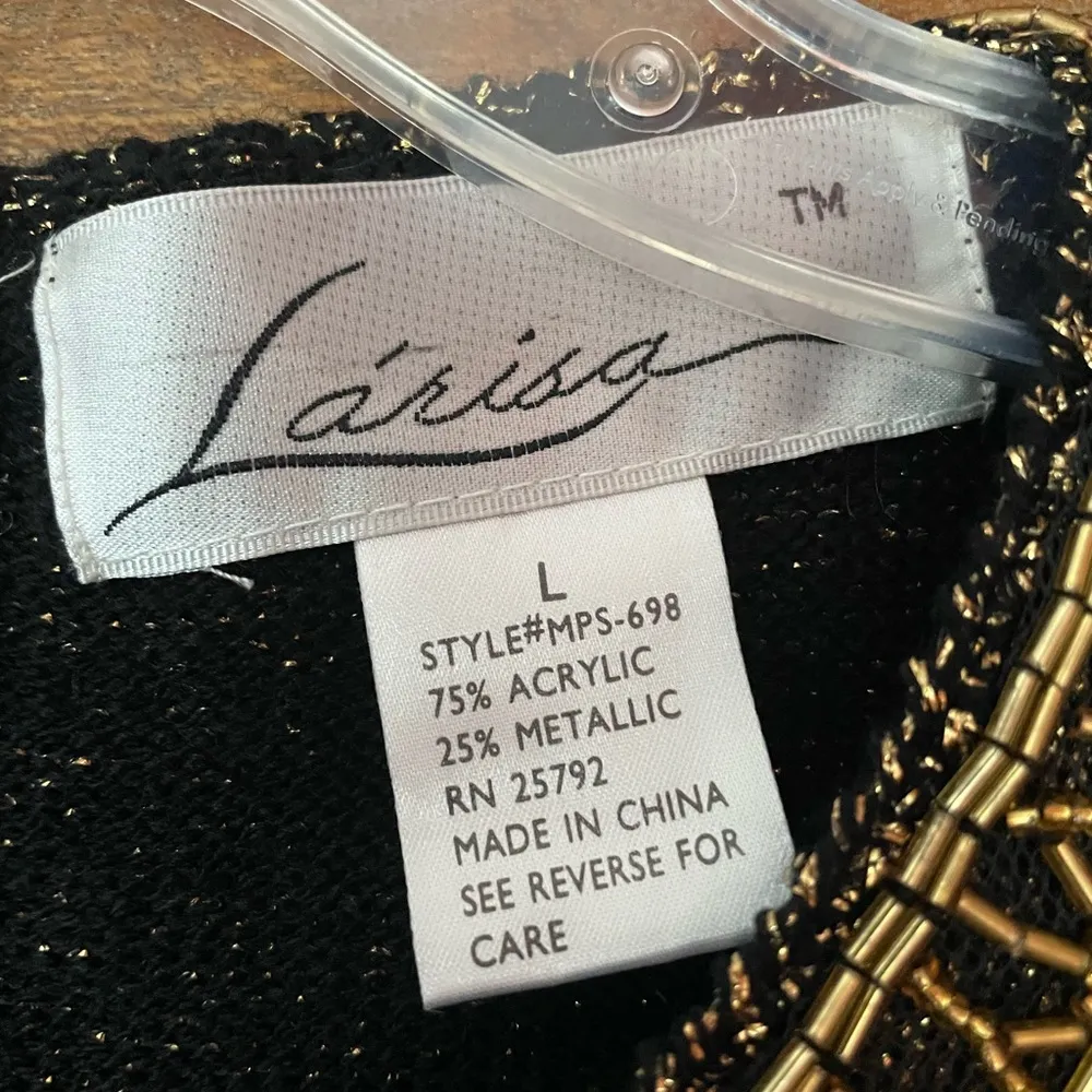 Larisa Vtg Dress Holiday Black Gold Shoulder Pad Sequin Embellished Sweater Size L - Image 7