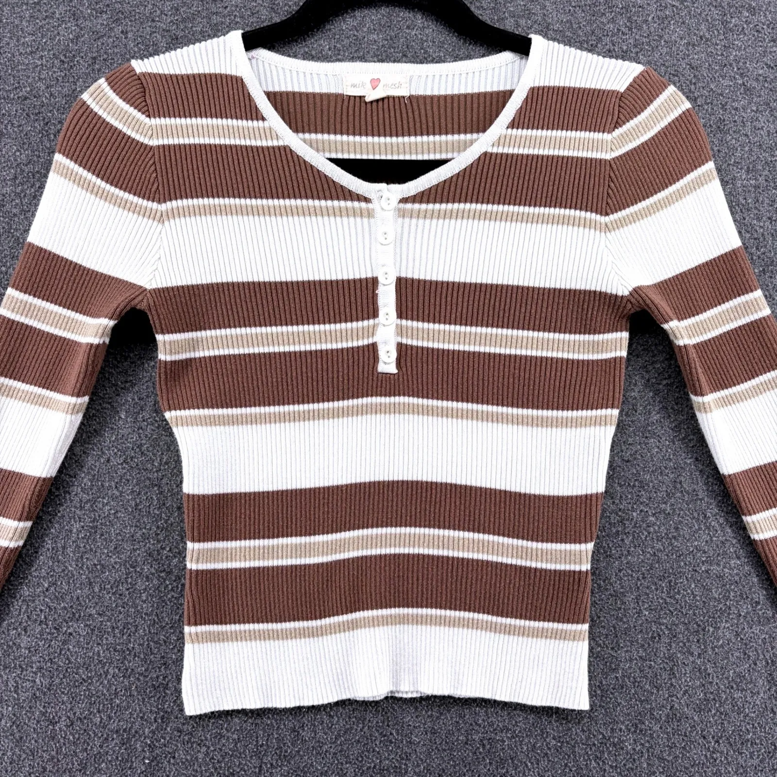 Vtg Y2k 90s Womens Striped Long Sleeve Henley Button Up Knit Top Milk Mesh Small Brown - Image 2