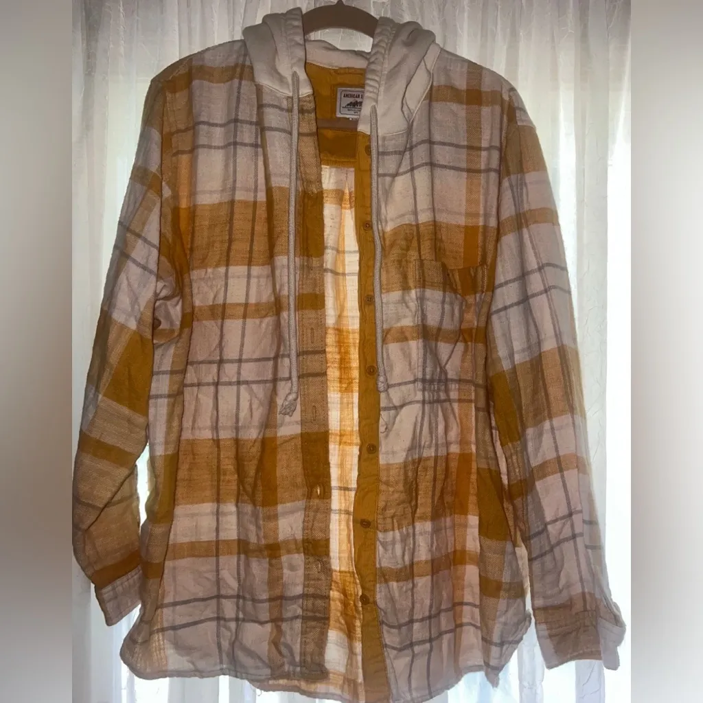 American Eagle button up plaid flannel with hood size XL - Image 3