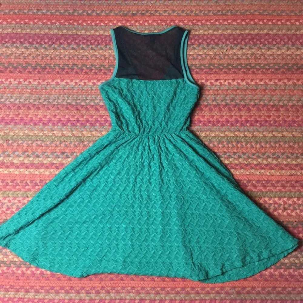 TEAL FIT N FLARE DRESS W/ MESH INSERT - Image 3