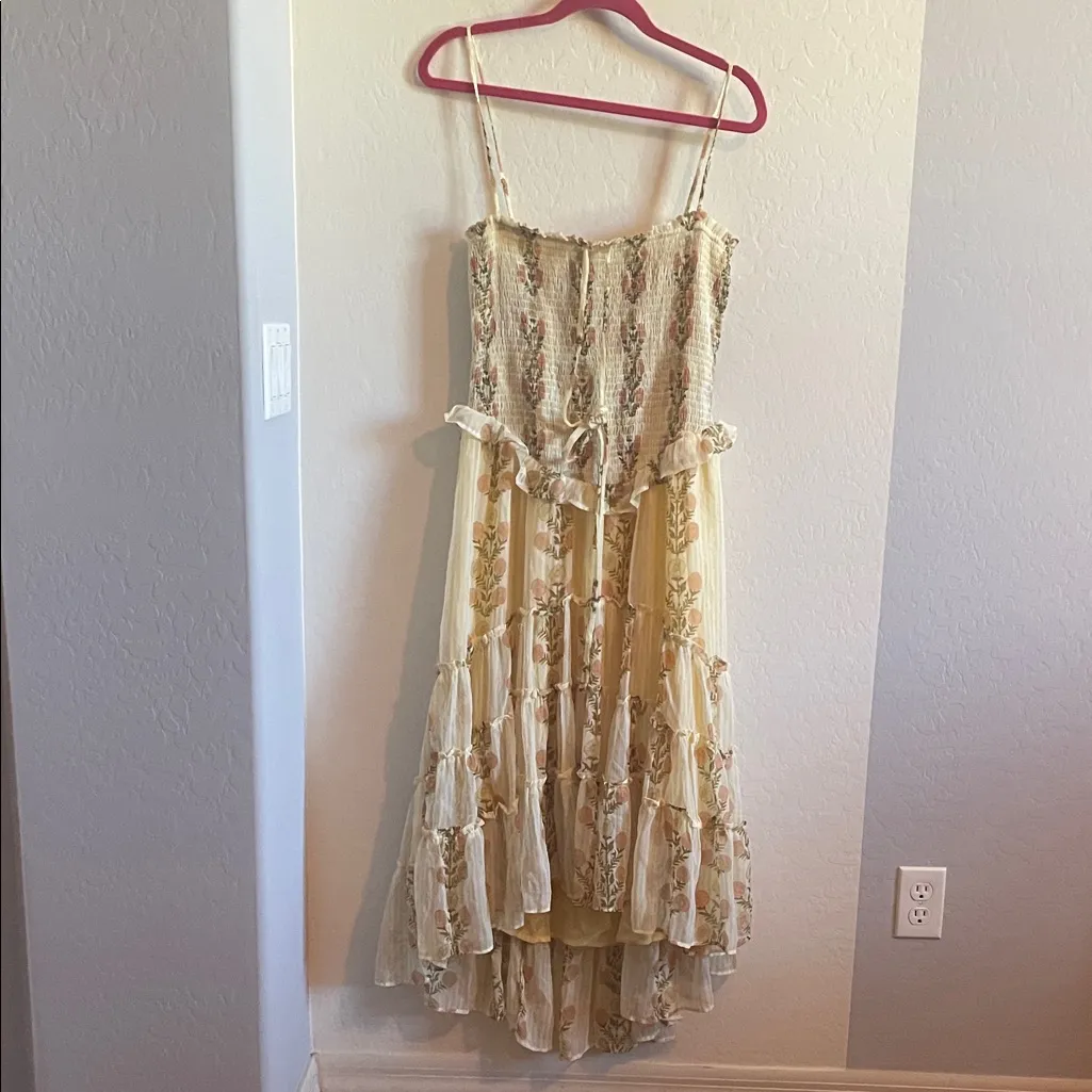 Free People Alejandra Yellow Floral Print Ruffle High Low Smocked Midi Dress - Image 4