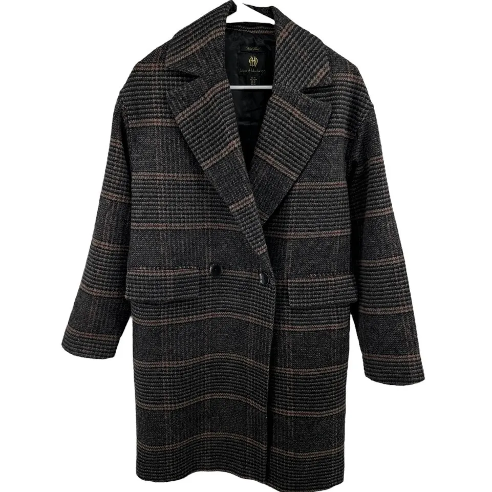 House Of Harlow 1960 Wool Plaid Midi Coat Double Breasted Notch Lapel Black XS - Image 2