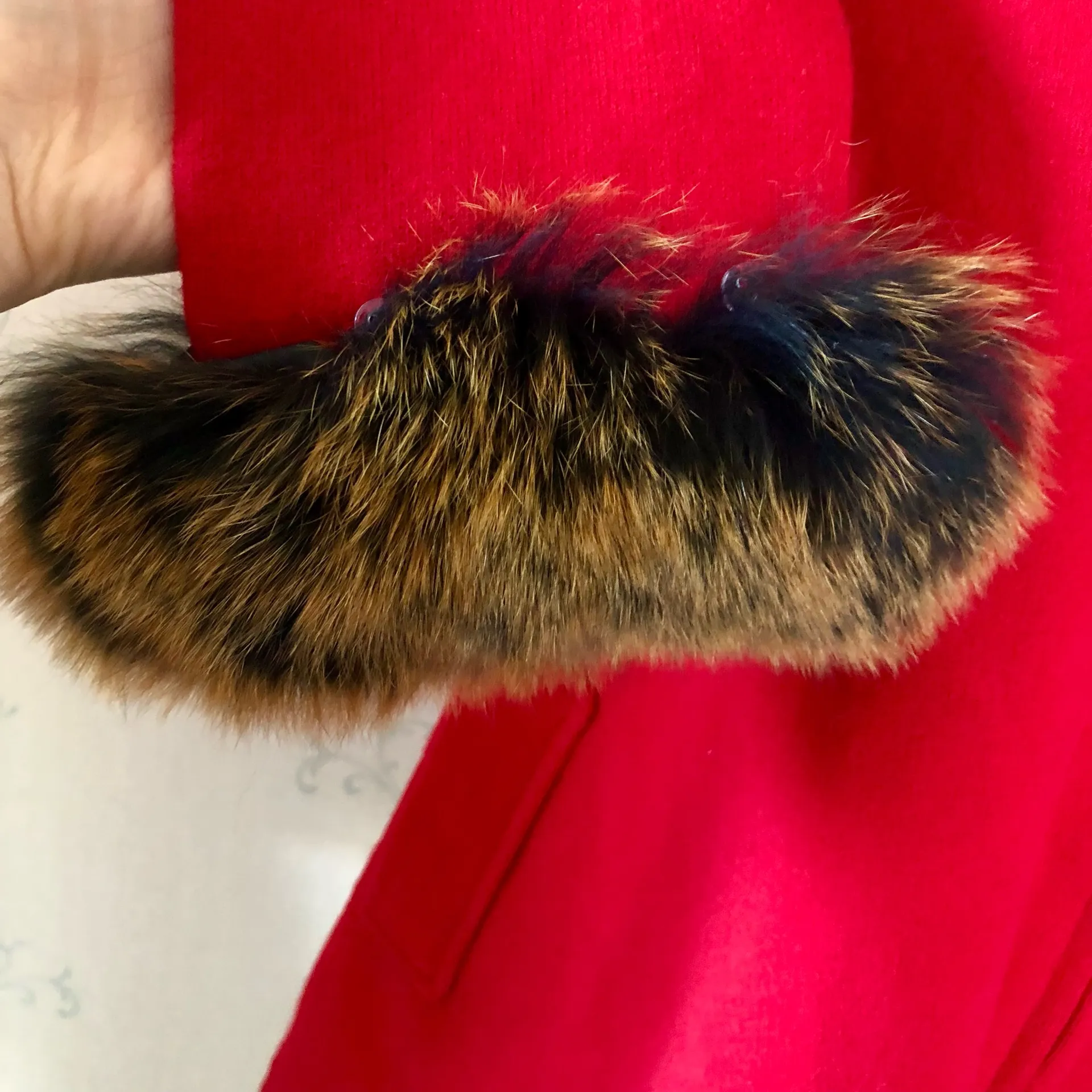 Wool Swing Coat with Mink Fur Hood & Cuffs Red Size S - Image 5