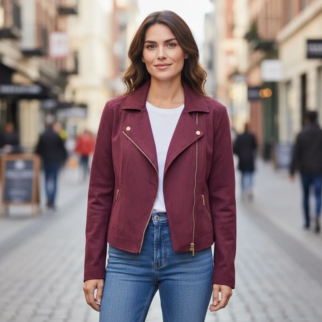 Thalia Sodi Faux Suede Moto Jacket Burgundy Womens M Asymmetrical Zip‎ - Image 2