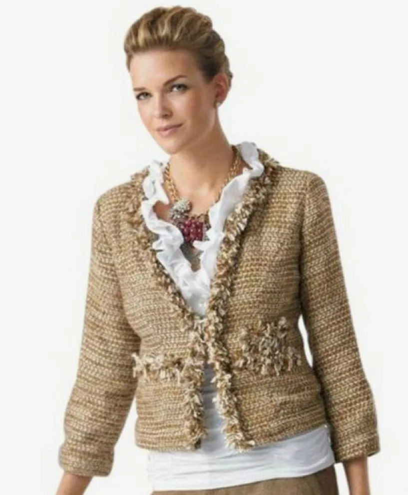 CAbi  Tan Metallic Phoebe Tweed Boucle Frayed Edge Blazer Jacket Size Medium - Image 3