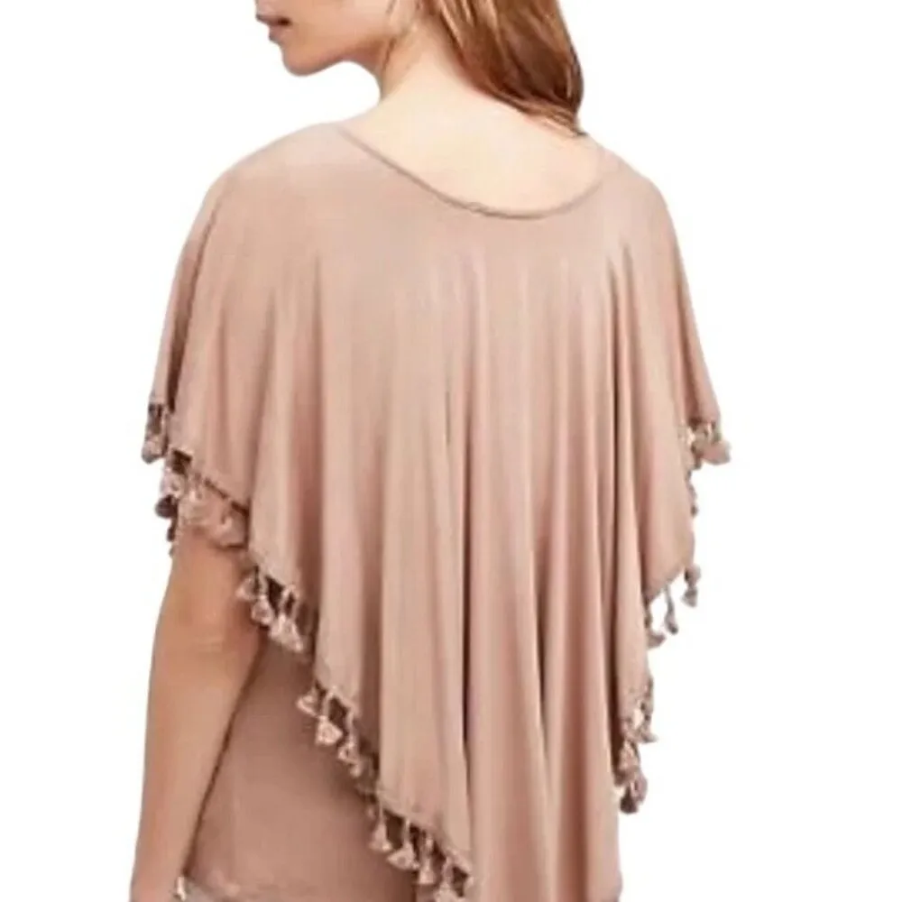 Anthropologie Eri And Ali Shirt Women Medium Tan Tasseled Dolman Top Boho Hippie - Image 3