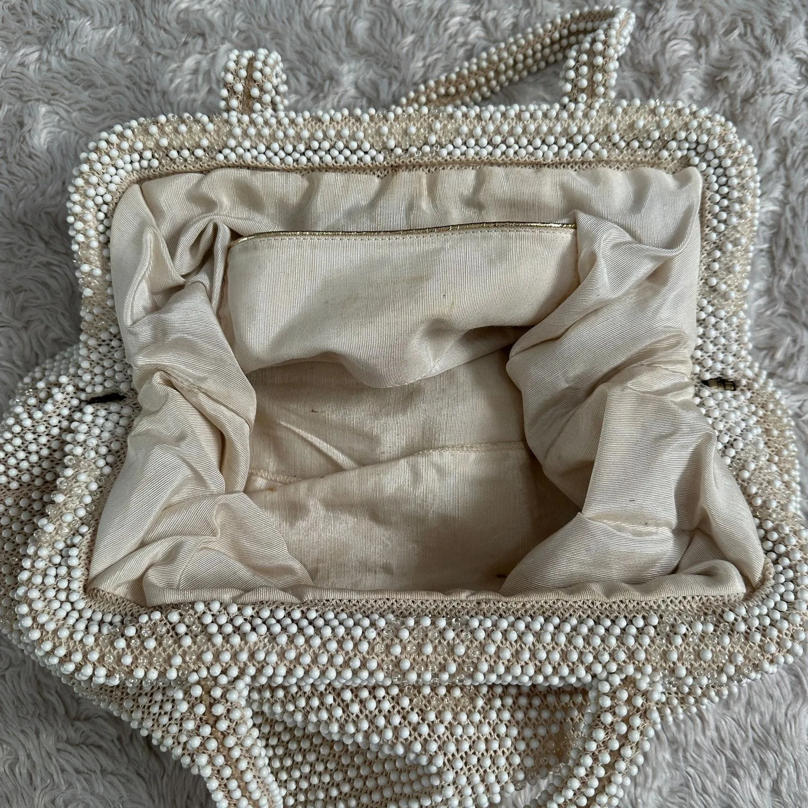 Vintage Corde Bead by Lumered Cream Ivory White Handbag Purse Candy Dot 60s - Image 8