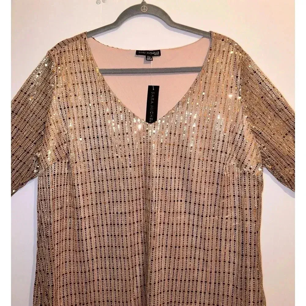 Sara Michelle Womens Sequin Tops 3/4 Sleeve Glitter Sparkly Party Blouse Size 2X Gold - Image 3