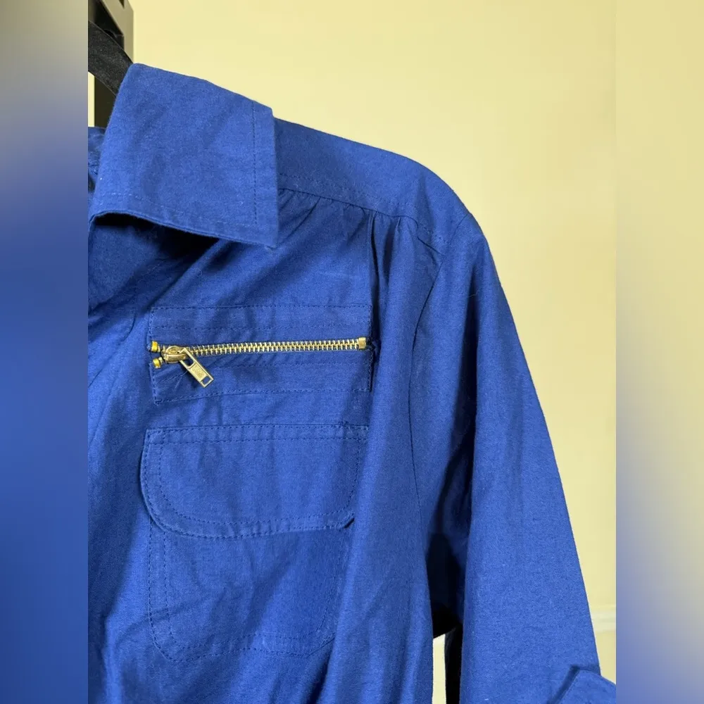 Royal Blue Shirt Dress Zip Front Utility Style 3/4 Sleeve Cinched Waist Large - Image 4