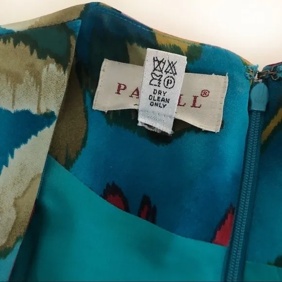 PAPELL Petites 100% Silk Turquoise Teal Floral Sheath Dress Size 2P Vintage - Image 6