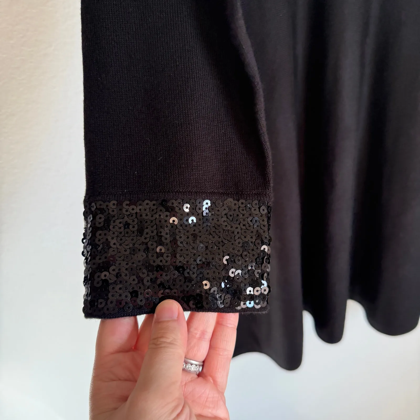 Jason Wu Ribbed Black Skater Sweater Dress in Black Sequin Cuffs Large NYE LBD - Image 4