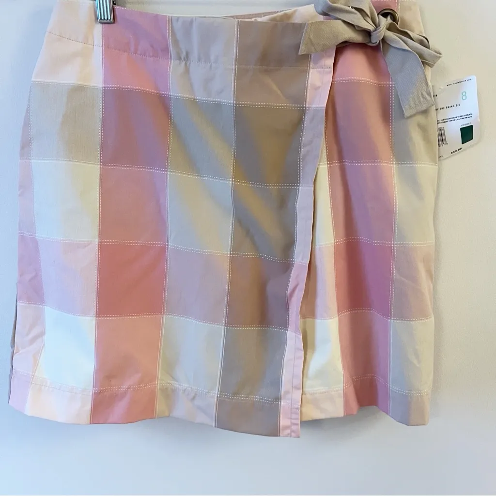 Liz Golf by Liz Claiborne Pink/Tan Plaid Wrap Skort Size 8 NEW Tie Detail Tan - Image 3