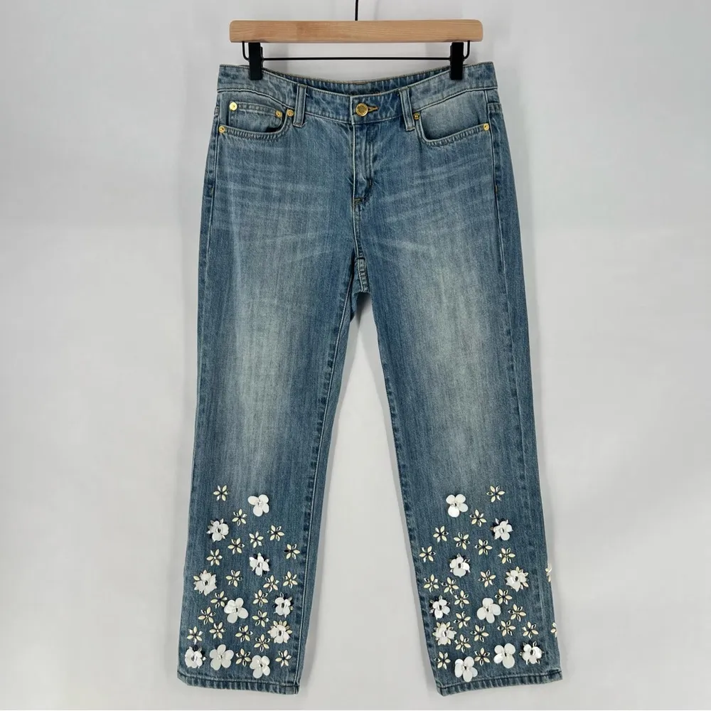 Michael Kors Light Wash Denim Embellished‎ Floral Sequined Jeans Cropped Cotton - Image 2