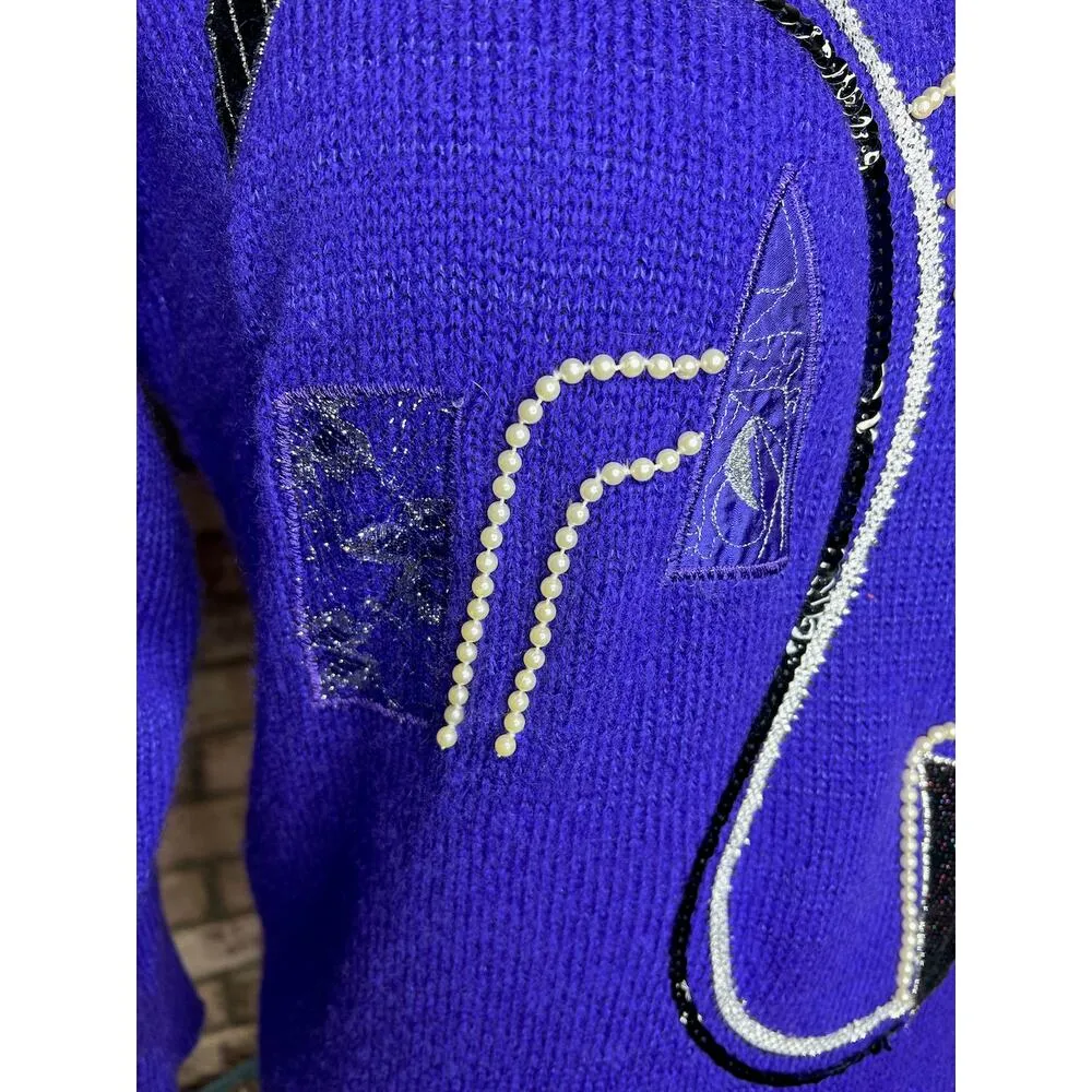 sweater vintage 1980s geometric beads purple black cream Size L - Image 5