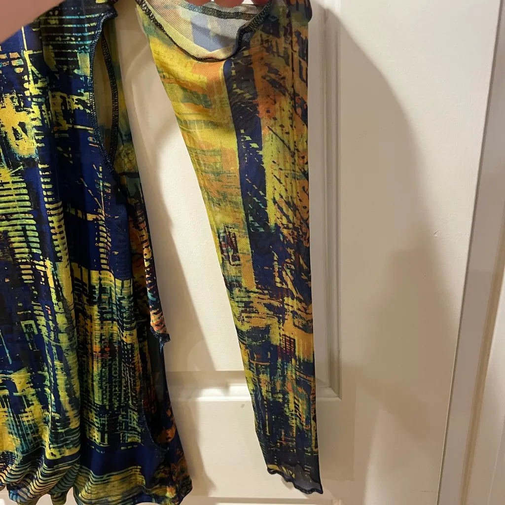 PrettyLittleThing Blue and Yellow Long Sleeve Dress - Image 3