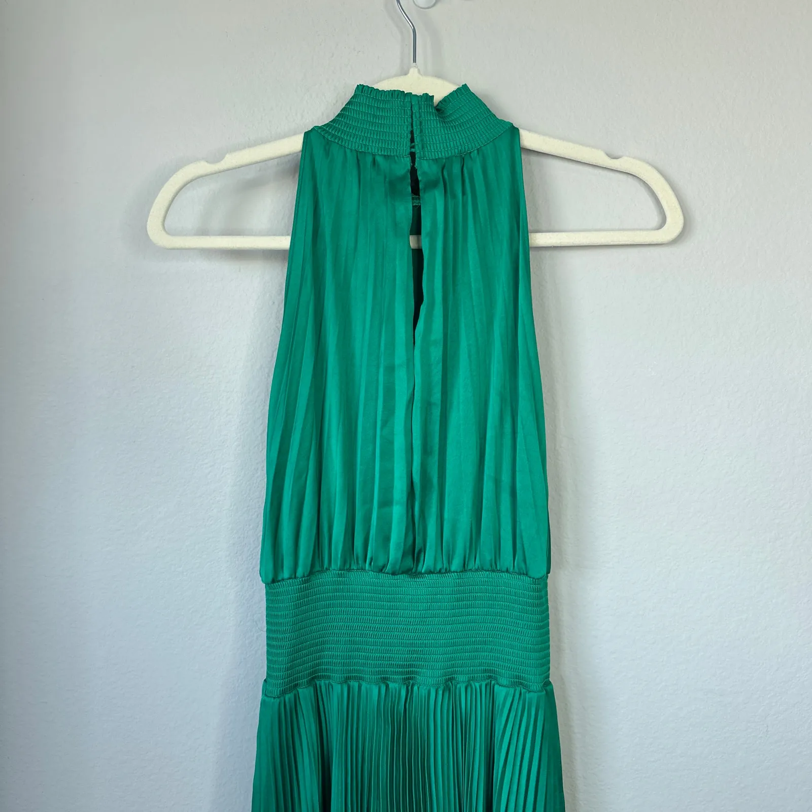 ALC Renzo Pleated Halter Midi Dress Serpent Green Emerald Cocktail Party Satin - Image 9