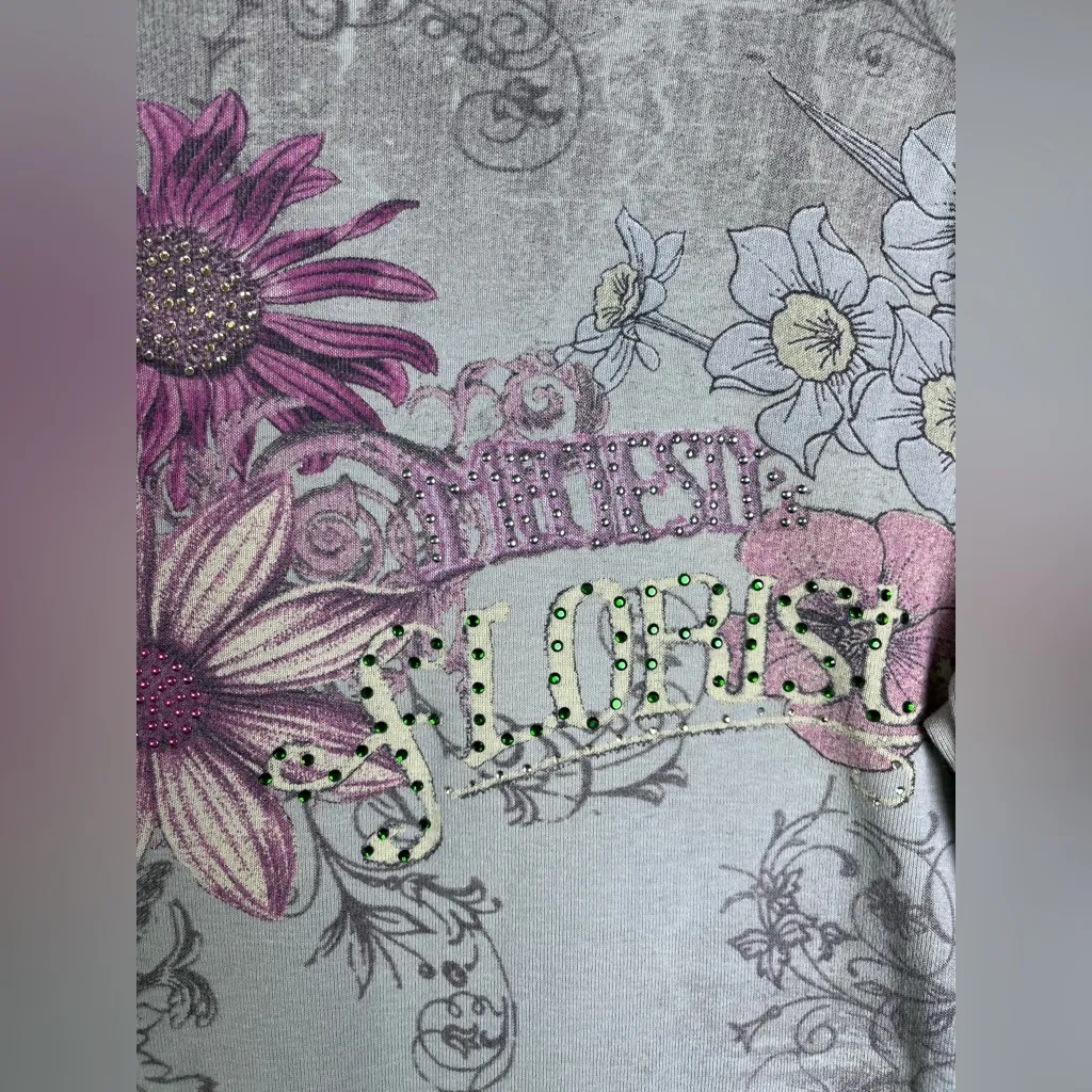 Women’s Vtg Y2K Floral Graphic Rhinestone Sage Boutique 3/4 Sleeve Shirt Sz L Green Size L - Image 2