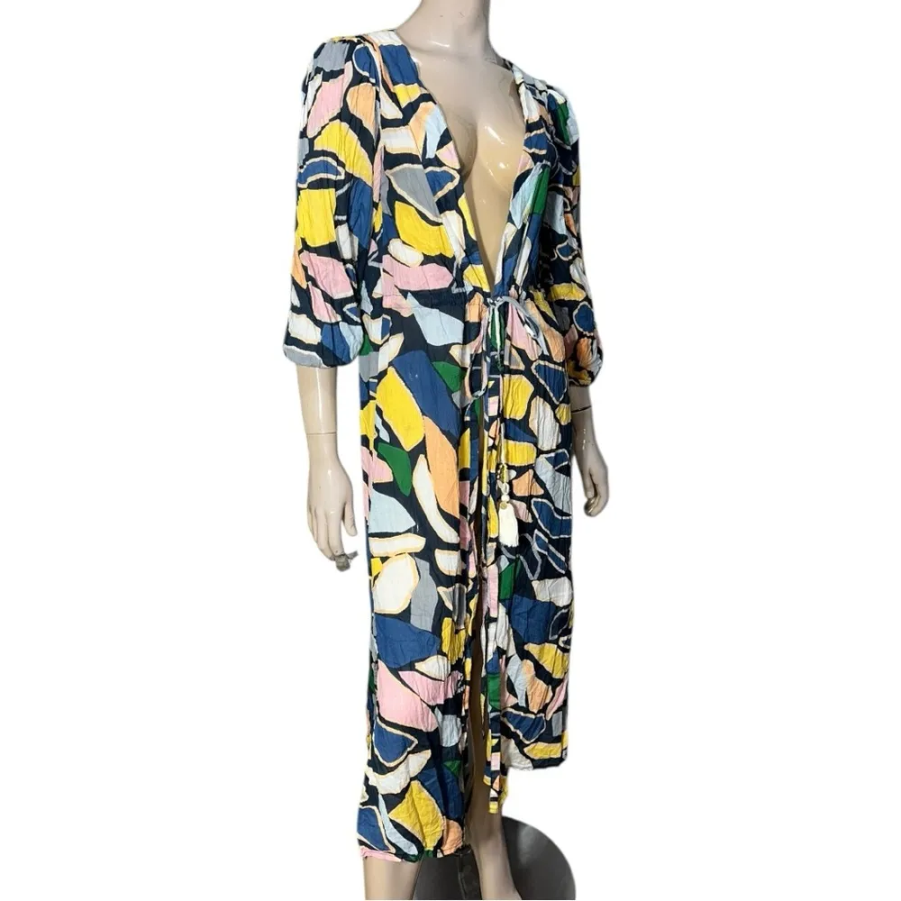 True Destinations Women’s Size S Multi Color Geo Printed Long Kimono Coverup Blue - Image 9