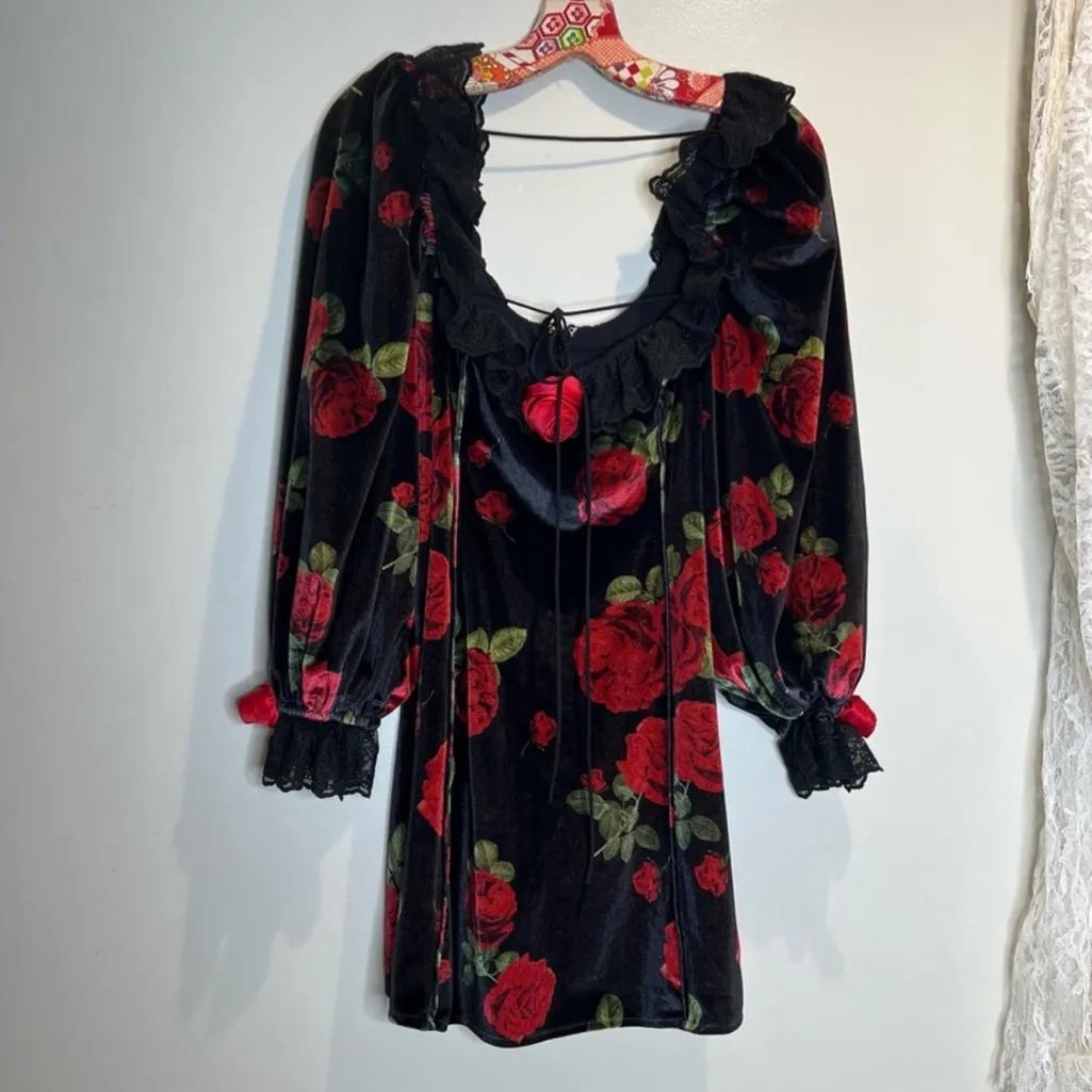 For Love & Lemons Yara‎ Rose Velvet Printed Romance Mini Dress M - Image 5