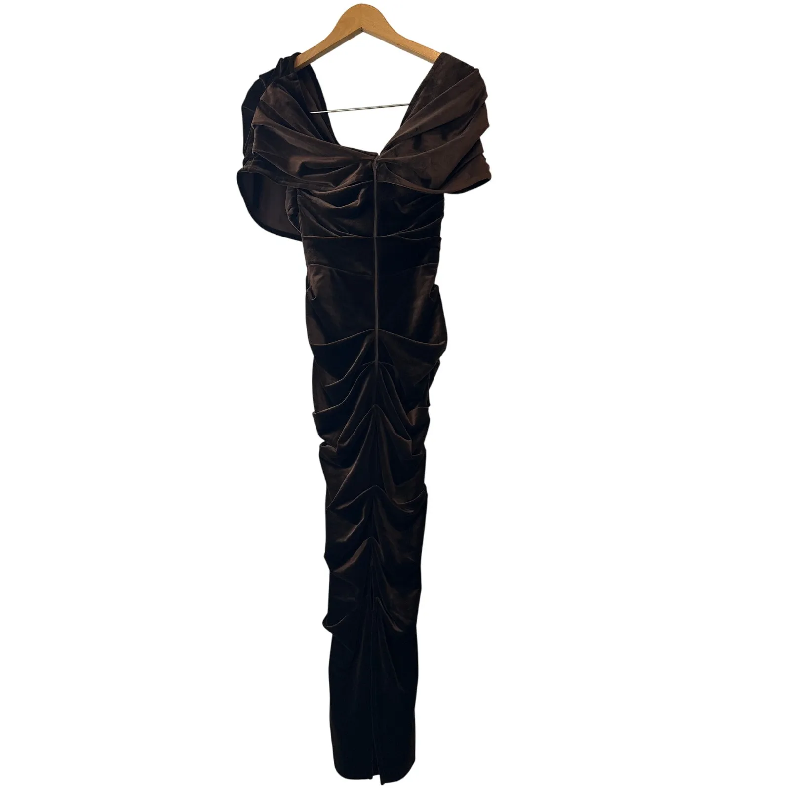 Alex Perry Layne Brown Velvet Off Shoulder Ruched Midi Dress Sz 6 - Image 4