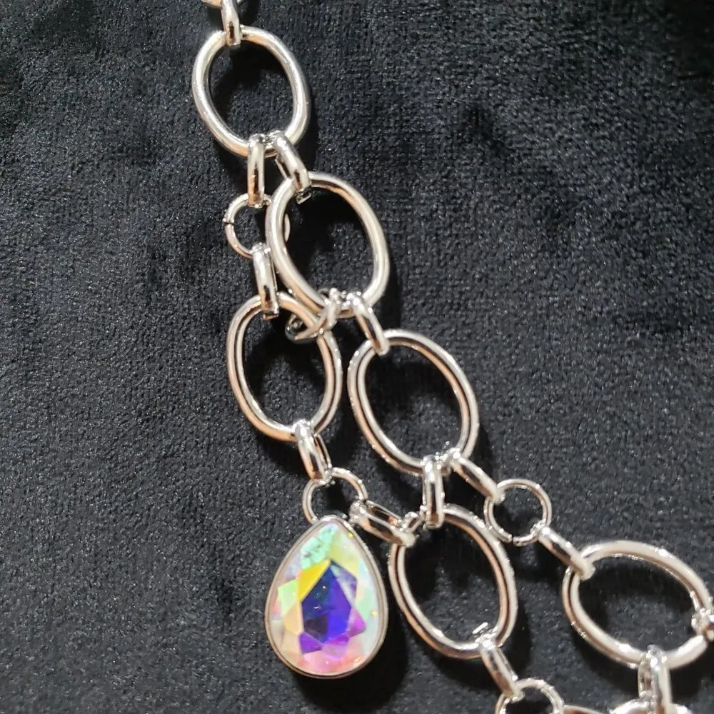 Show Stopping Shimmer Iridescent Gunmetal & Multi Oil Spill Rhinestones Necklace Silver - Image 5